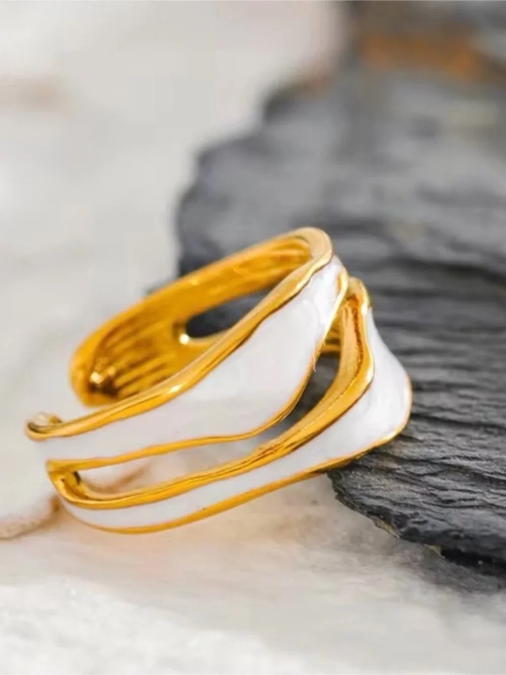 Gold-tone Ring with White Marbled Inlay